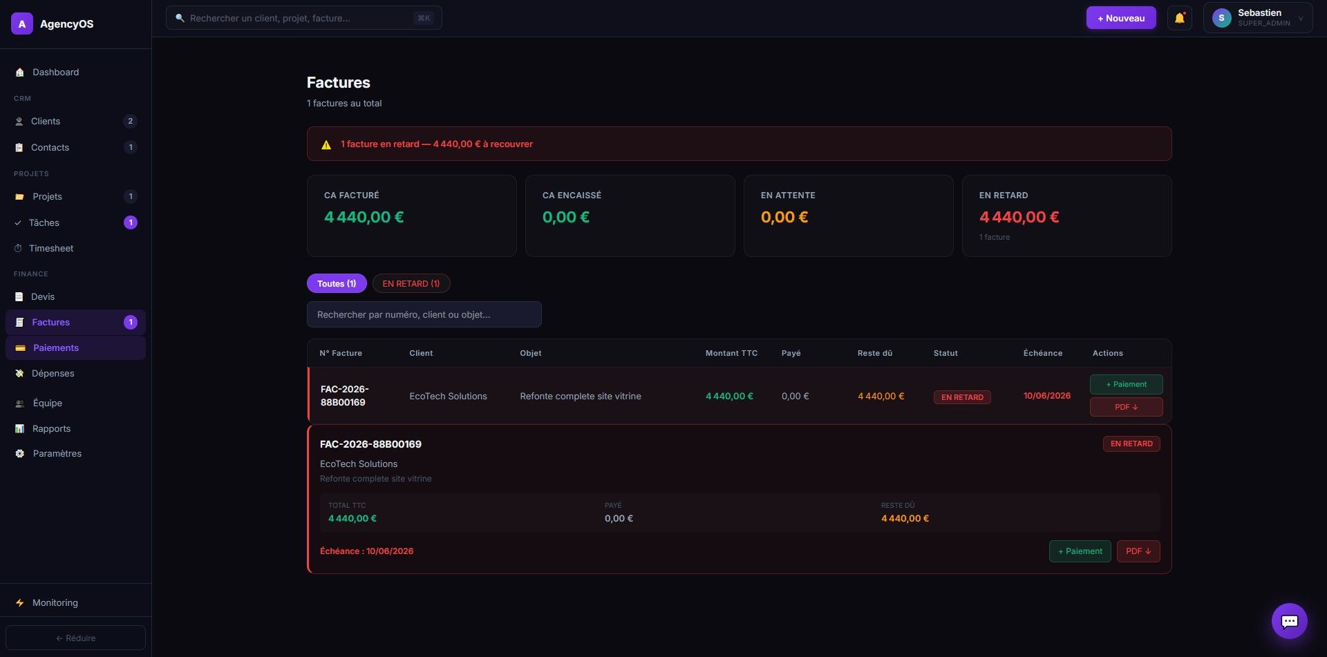 Interface de suivi des factures et paiements dans AgencyOS