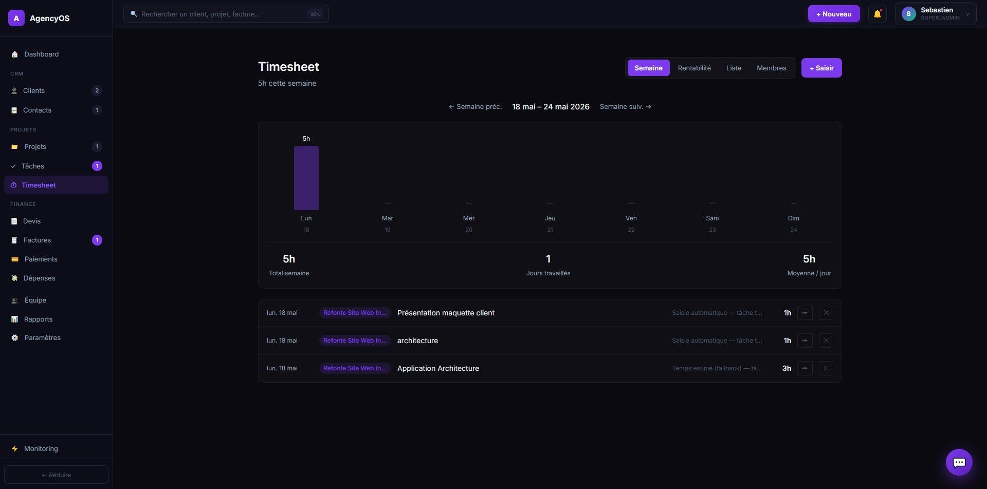 Timesheet hebdomadaire AgencyOS avec heures saisies par jour et par tâche