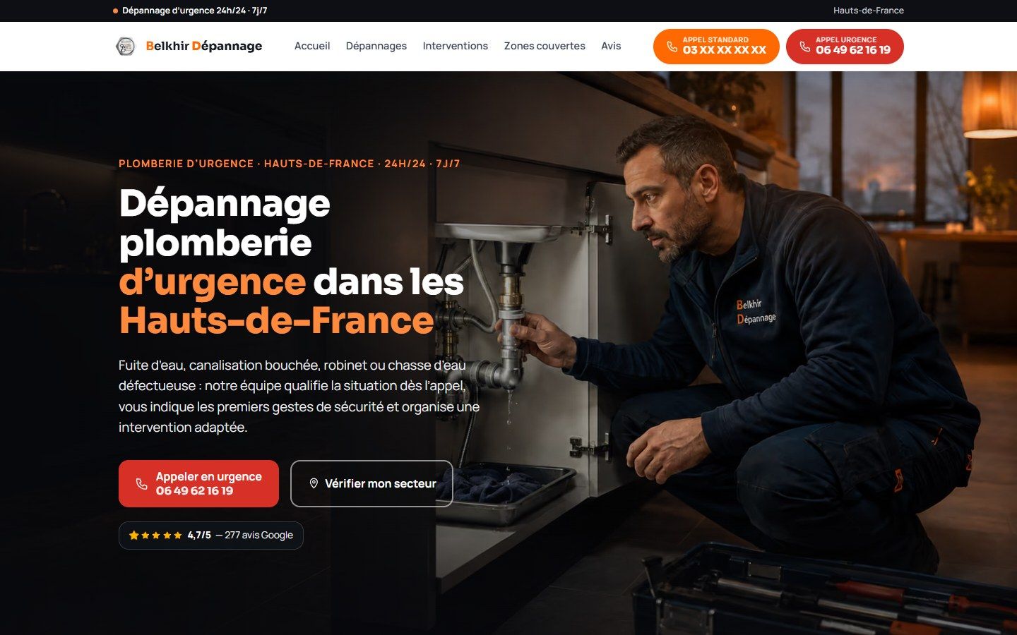 Page métier « Dépannage plomberie d'urgence » avec CTA d'appel et vérification de secteur