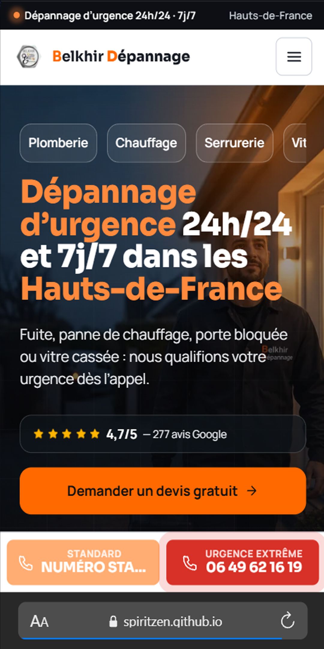 Version mobile de la page d'accueil Belkhir Dépannage, avec barre d'appel permanente en bas d'écran