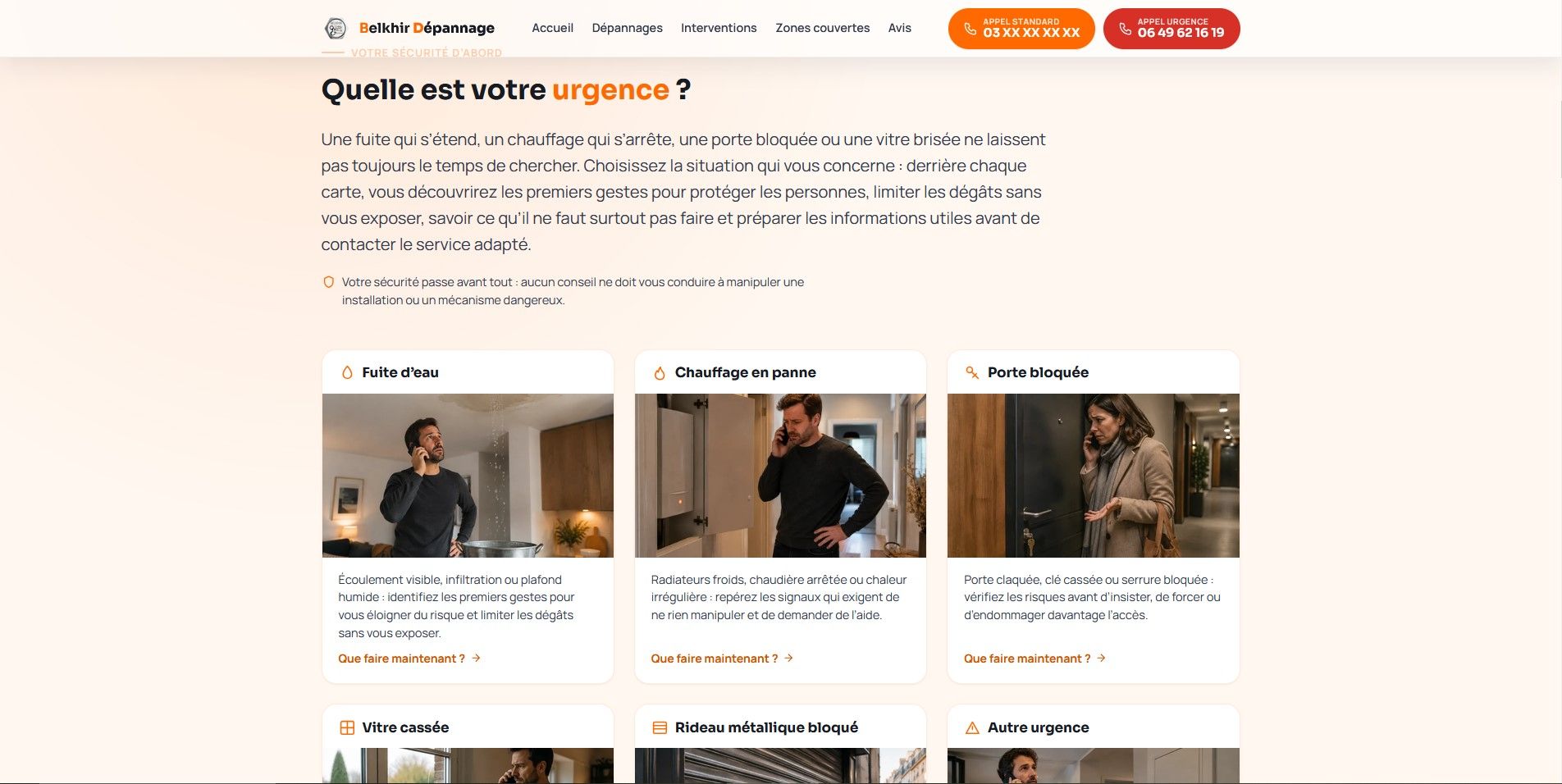 Section « Quelle est votre urgence ? » avec les situations fréquentes (fuite d'eau, chauffage en panne, porte bloquée, vitre cassée)