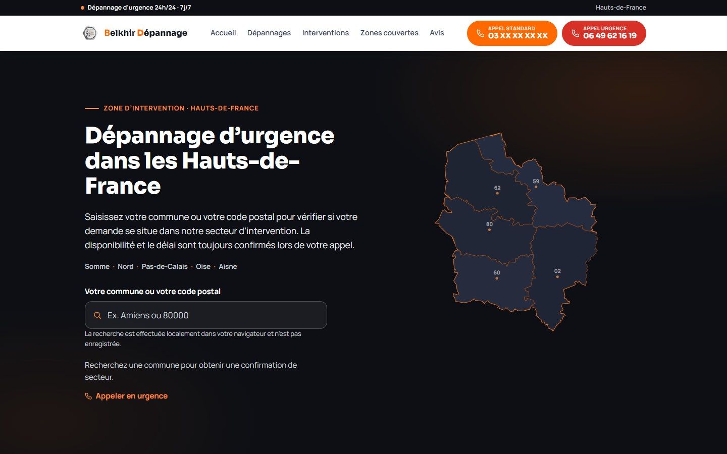 Carte des zones d'intervention dans les Hauts-de-France avec recherche de commune ou code postal