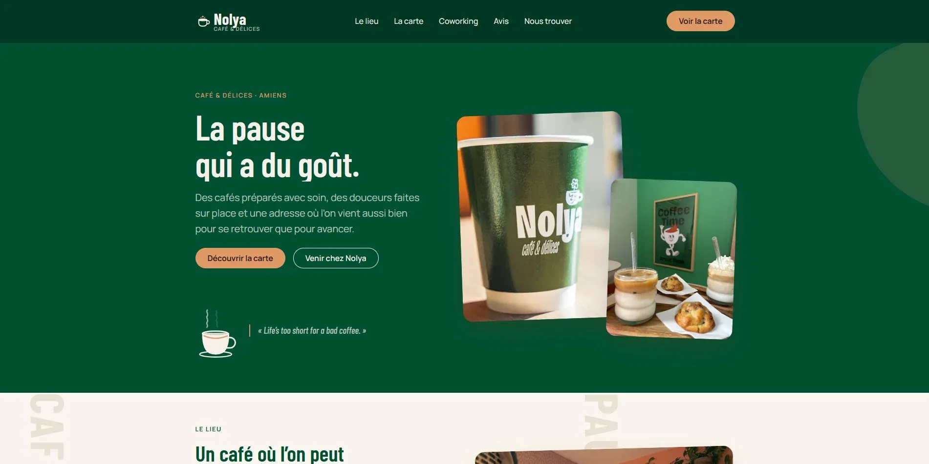 Capture de la page d'accueil de la maquette Nolya Café