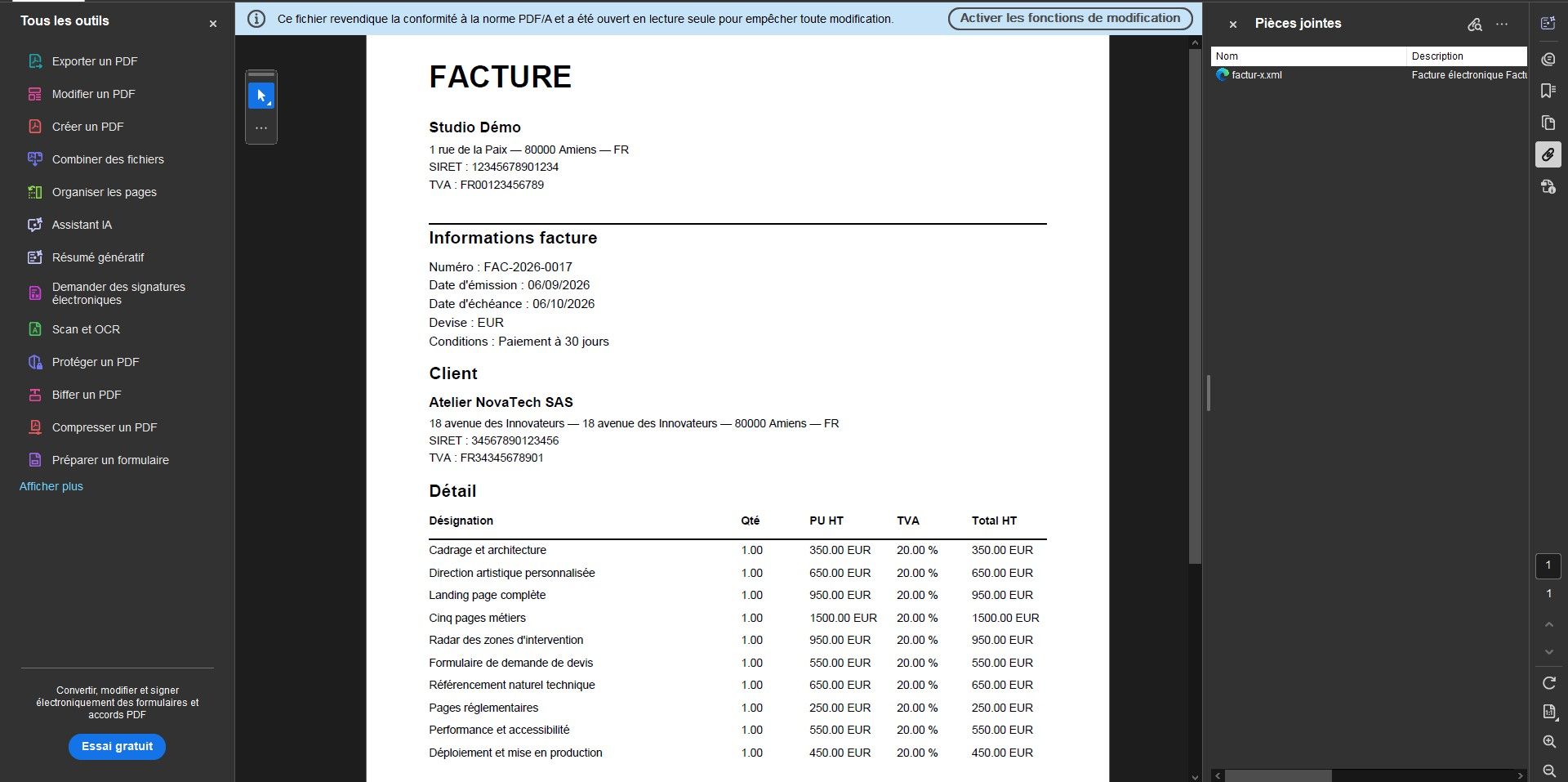 Facture Factur-X ouverte dans un lecteur PDF, avec bandeau de conformité PDF/A et pièce jointe XML de la facture électronique