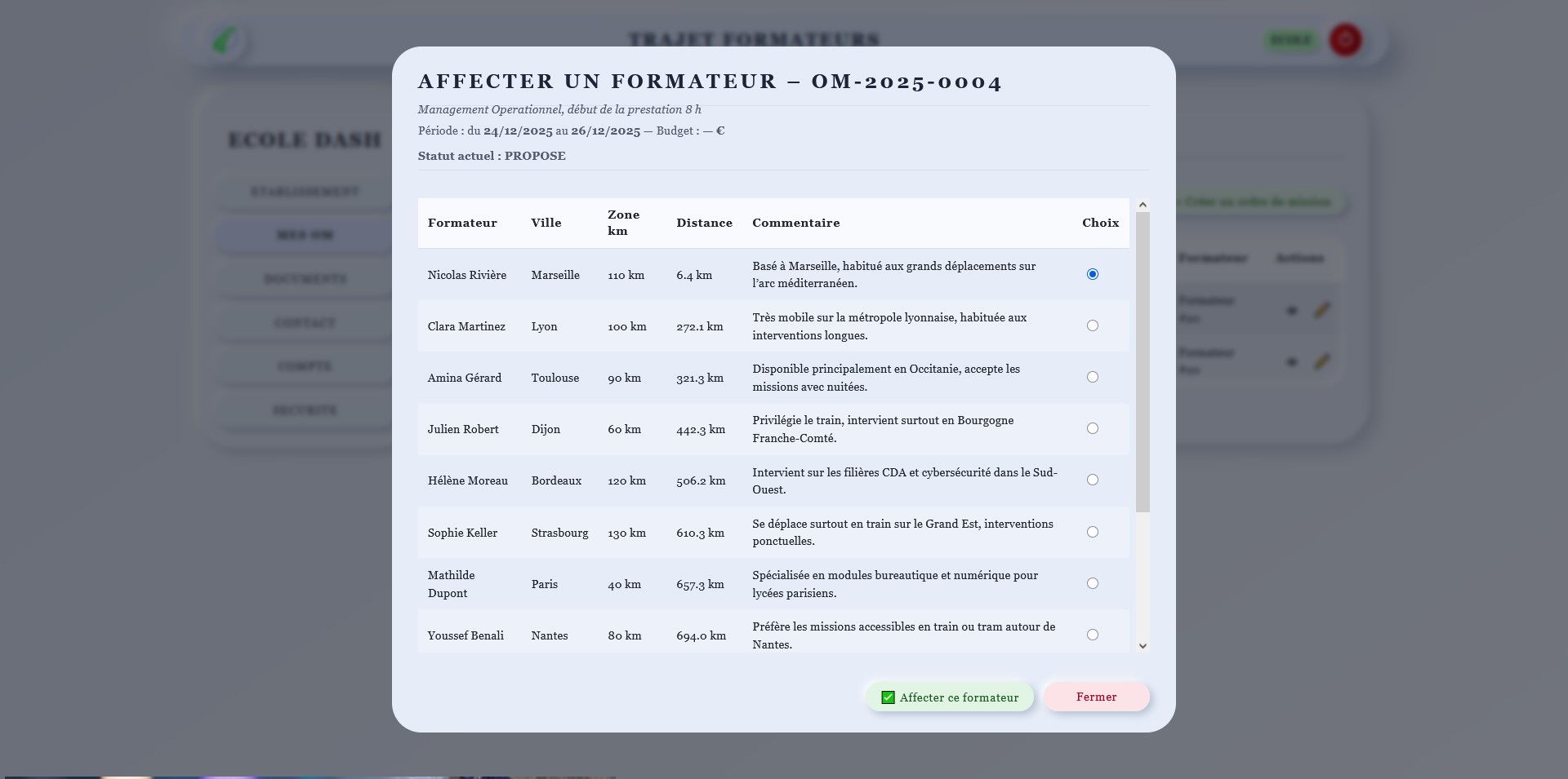 Interface de planification du projet démonstrateur Trajet Formateur